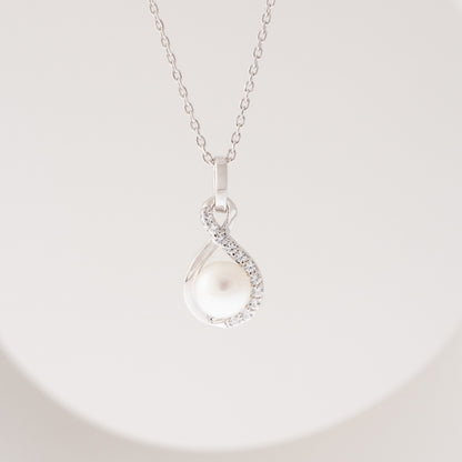 Freshwater Pearl & Created White Sapphire Twist Pendant in Sterling Silver front view