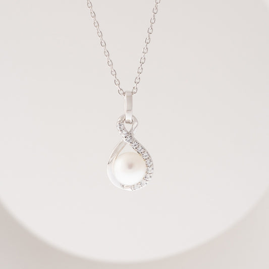 Freshwater Pearl & Created White Sapphire Twist Pendant in Sterling Silver front view