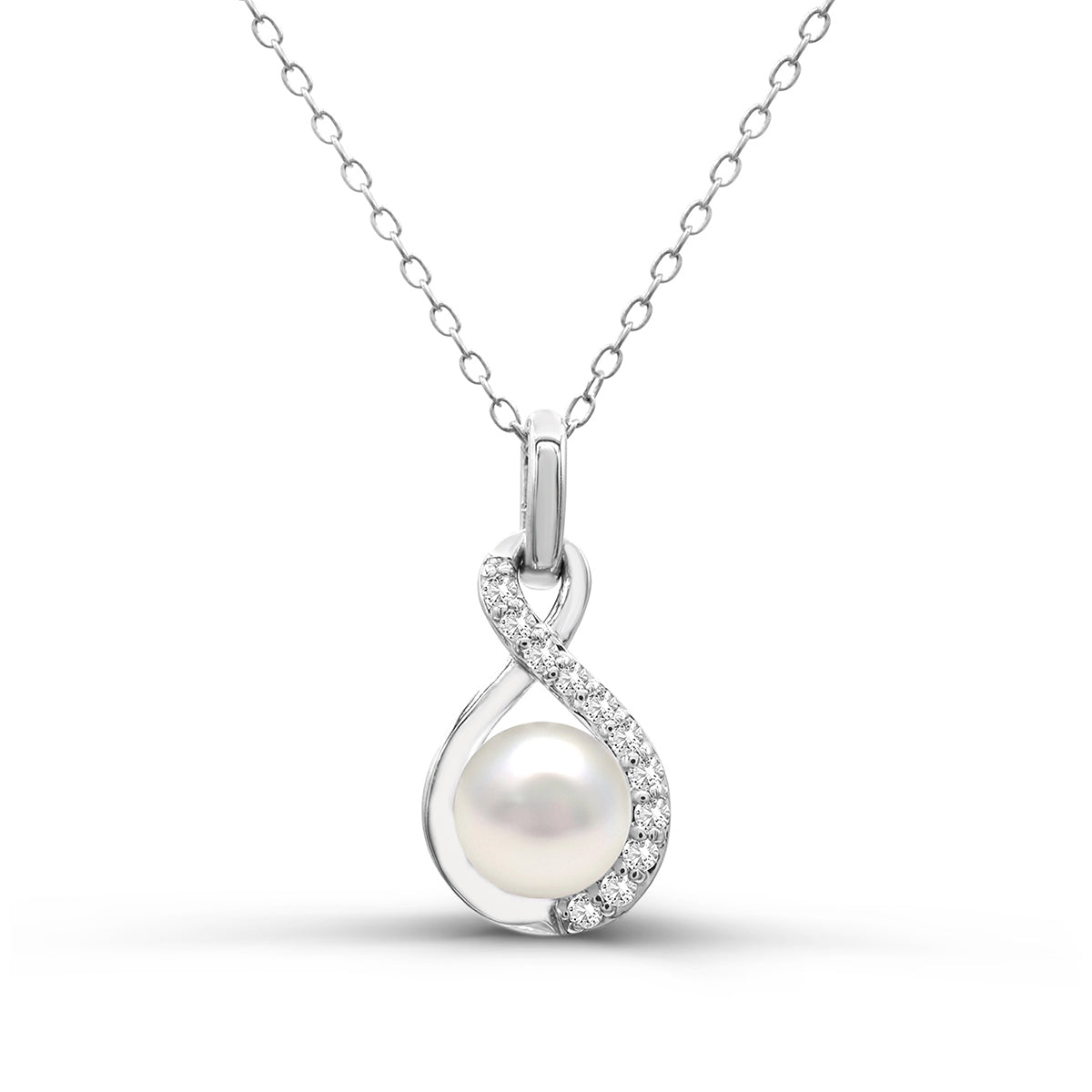 Freshwater Pearl & Created White Sapphire Twist Pendant in Sterling Silver