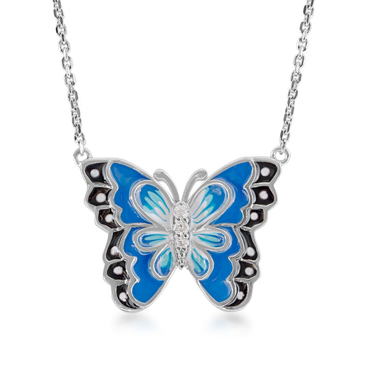 Blue Enamel & Created White Sapphire Butterfly Necklace in Sterling Silver