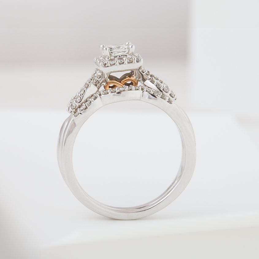 True Promise 3/4 ct. tw. Princess Cut Diamond Halo Twist Wedding Set in 10K White & Pink Gold side profile