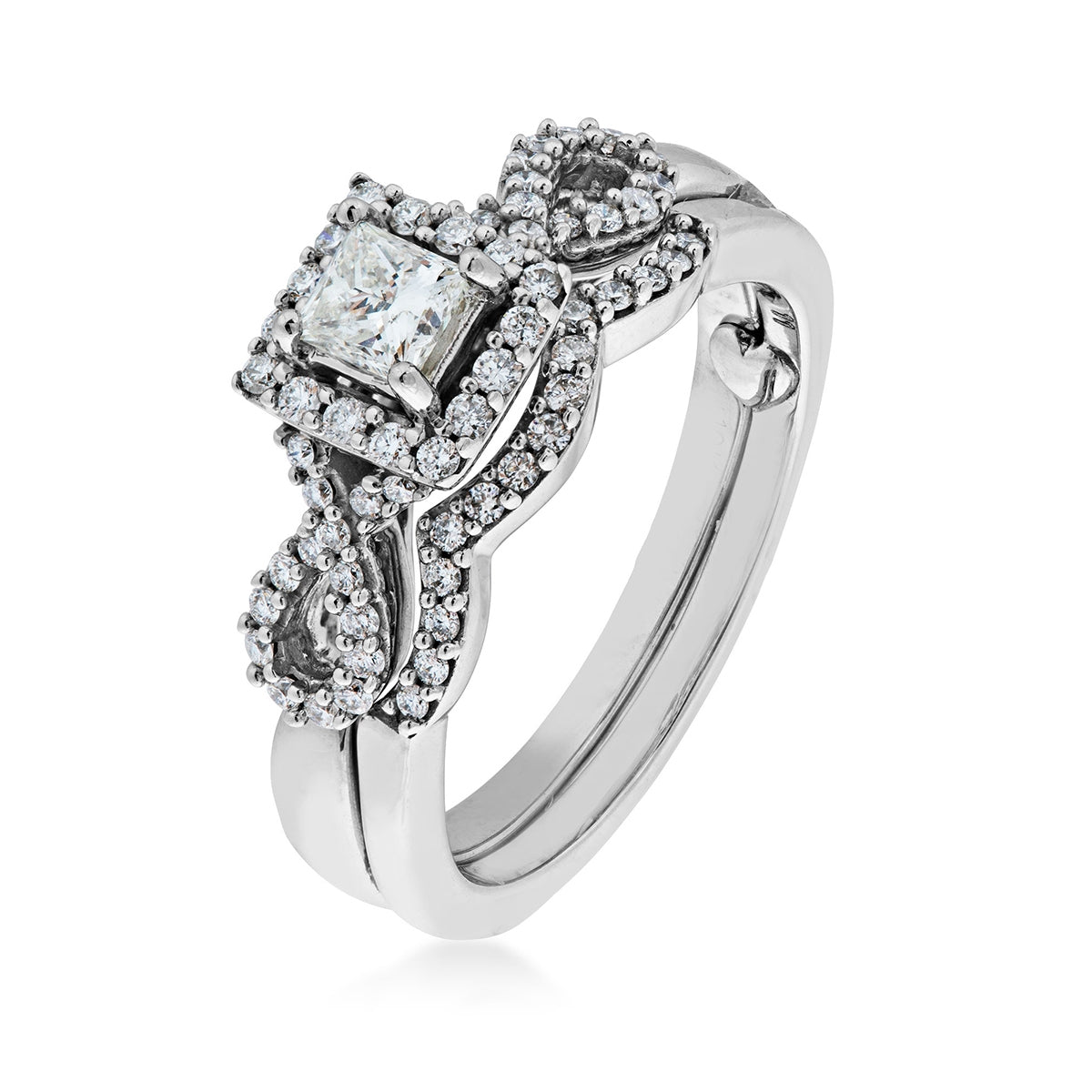 True Promise 3/4 ct. tw. Princess Cut Diamond Halo Twist Wedding Set in 10K White & Pink Gold front view