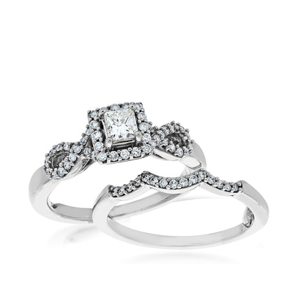 True Promise 3/4 ct. tw. Princess Cut Diamond Halo Twist Wedding Set in 10K White & Pink Gold close-up detail