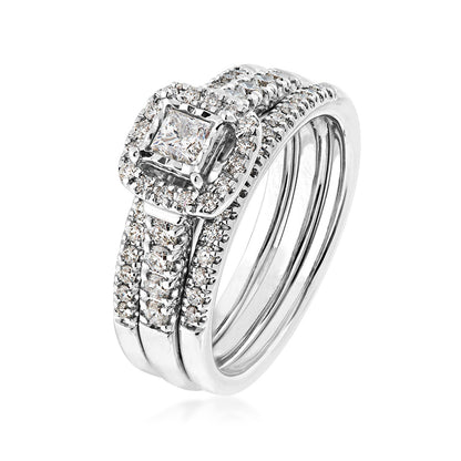 Natural 3/4 ct. tw. Princess Cut Diamond Halo Wedding Set with Miracle Plate in 10K White Gold front view