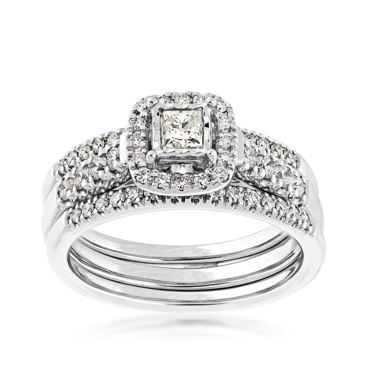 Natural 3/4 ct. tw. Princess Cut Diamond Halo Wedding Set with Miracle Plate in 10K White Gold