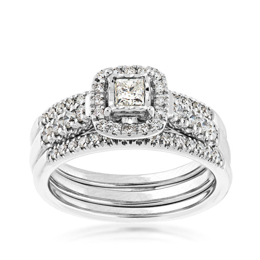 Natural 3/4 ct. tw. Princess Cut Diamond Halo Wedding Set with Miracle Plate in 10K White Gold