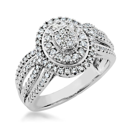 Fairytale Diamonds 5/8 ct. tw. Diamond Oval Cluster Double Halo Split Shank Ring in 10K White Gold front view