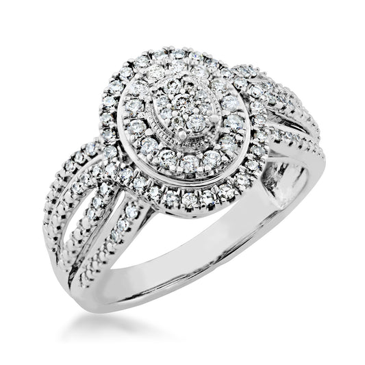 Fairytale Diamonds 5/8 ct. tw. Diamond Oval Cluster Double Halo Split Shank Ring in 10K White Gold front view