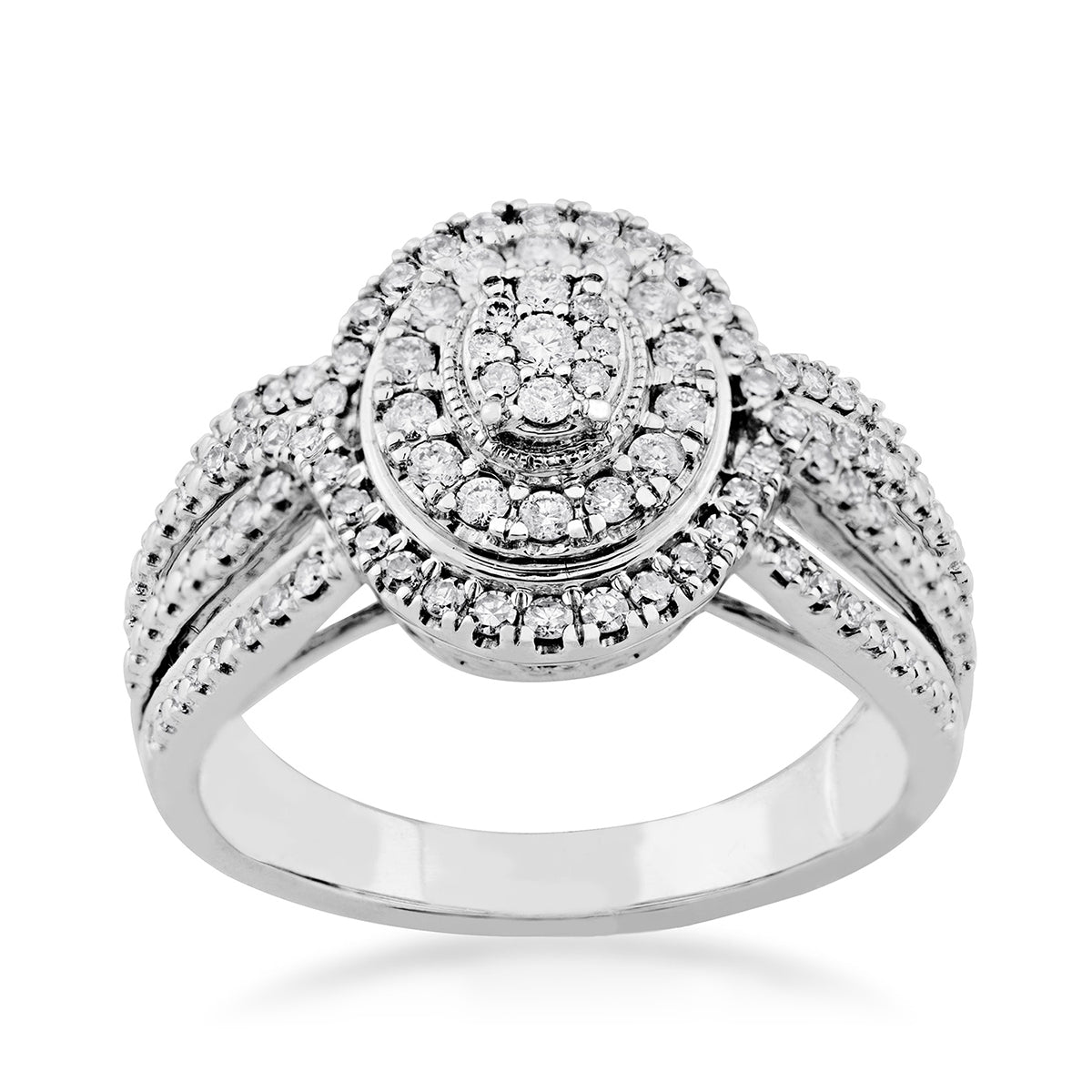 Fairytale Diamonds 5/8 ct. tw. Diamond Oval Cluster Double Halo Split Shank Ring in 10K White Gold