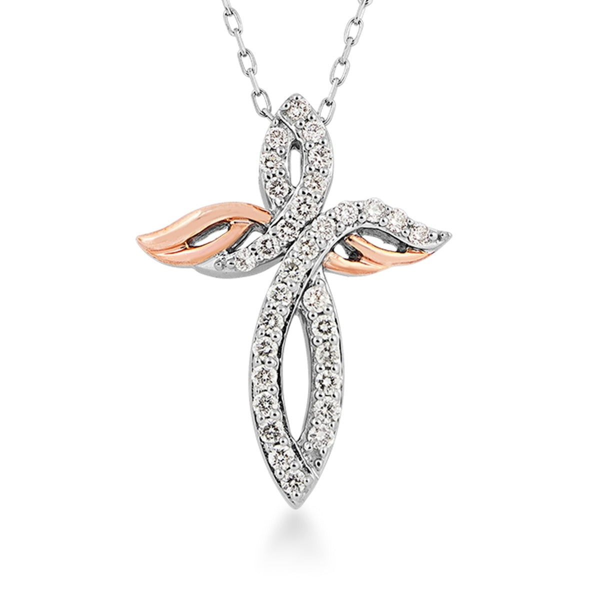 Infinite Love 3/8 ct. tw. Diamond Angel Wing Cross Pendant in Sterling Silver & 10K Pink Gold