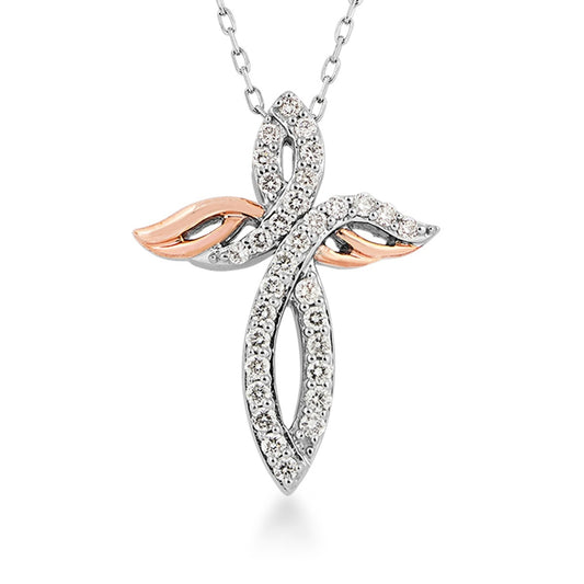 Infinite Love 3/8 ct. tw. Diamond Angel Wing Cross Pendant in Sterling Silver & 10K Pink Gold