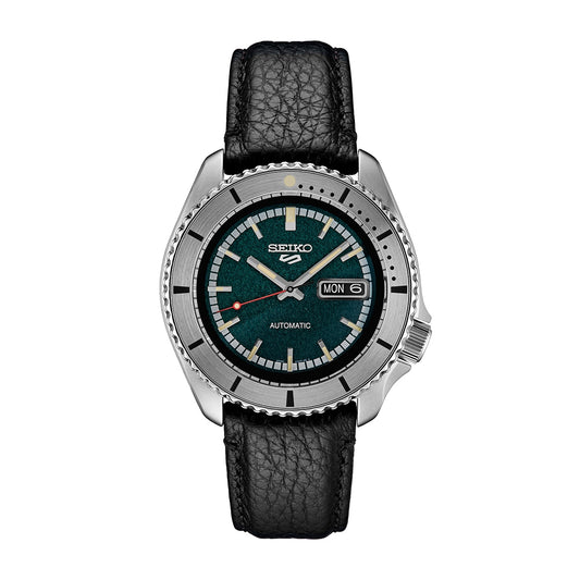 Seiko Men's 5 Sports Masked Rider Automatic Stainless Steel Watch with Green Dial & Black Leather Strap