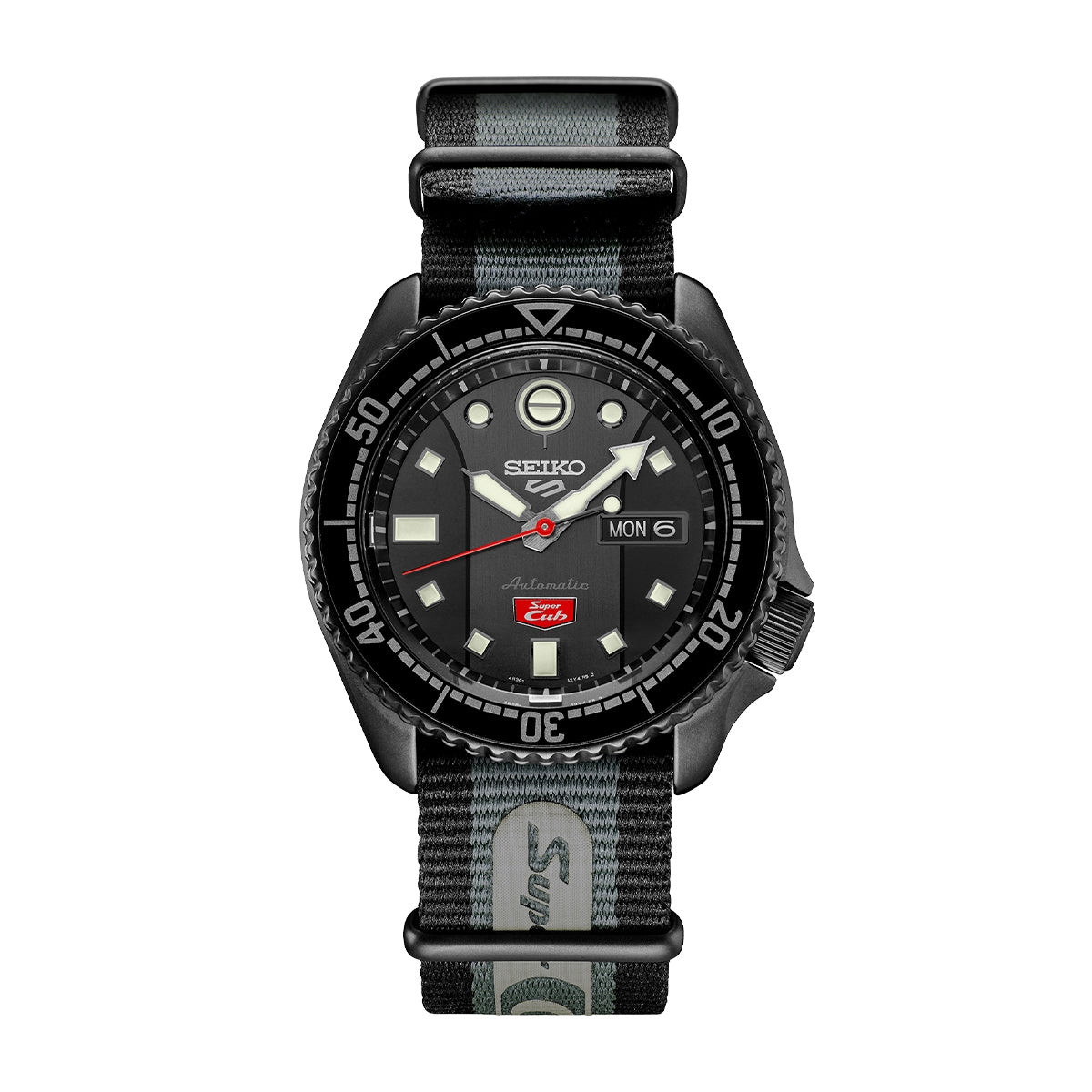 Seiko Men's 5 Sports Super Cub Honda Black Stainless Steel Watch with Black Dial & Gray Nylon Strap