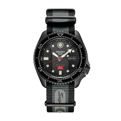 Seiko Men's 5 Sports Super Cub Honda Black Stainless Steel Watch with Black Dial & Gray Nylon Strap