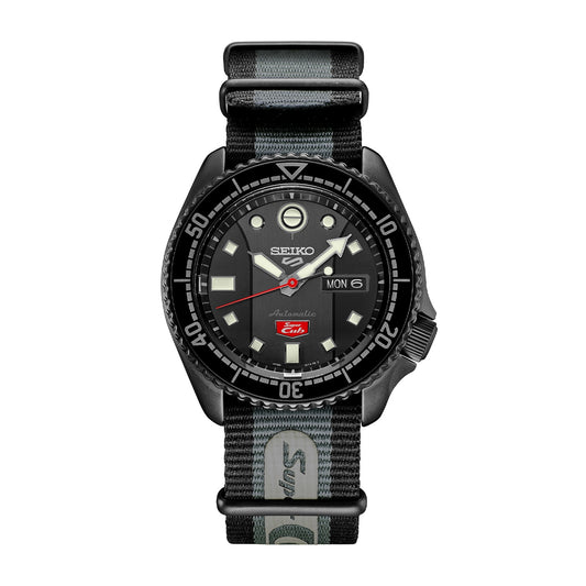 Seiko Men's 5 Sports Super Cub Honda Black Stainless Steel Watch with Black Dial & Gray Nylon Strap