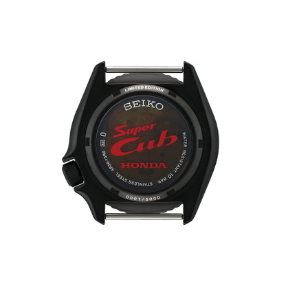Seiko Men's 5 Sports Super Cub Honda Black Stainless Steel Watch with Black Dial & Gray Nylon Strap front view