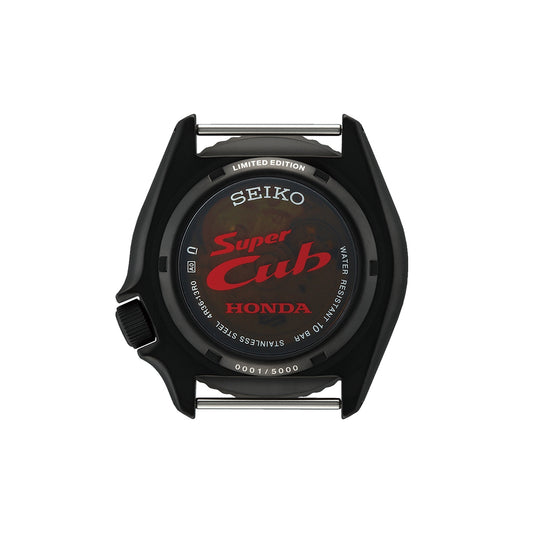 Seiko Men's 5 Sports Super Cub Honda Black Stainless Steel Watch with Black Dial & Gray Nylon Strap front view