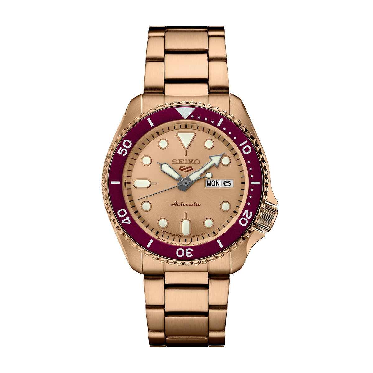 Seiko Men's 5 Sports Custom Campaign Automatic Rose Gold-Tone Stainless Steel Watch with Maroon Bezel