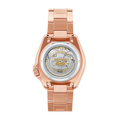 Seiko Men's 5 Sports Custom Campaign Automatic Rose Gold-Tone Stainless Steel Watch with Maroon Bezel front view