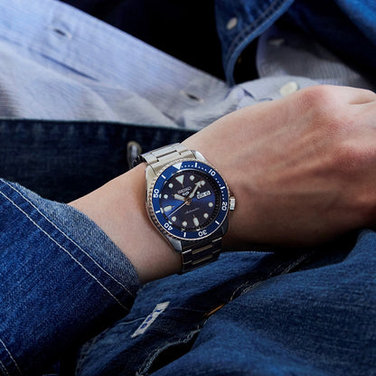 Seiko Men's 5 Sports Automatic Stainless Steel Watch with Blue Dial & Bezel front view