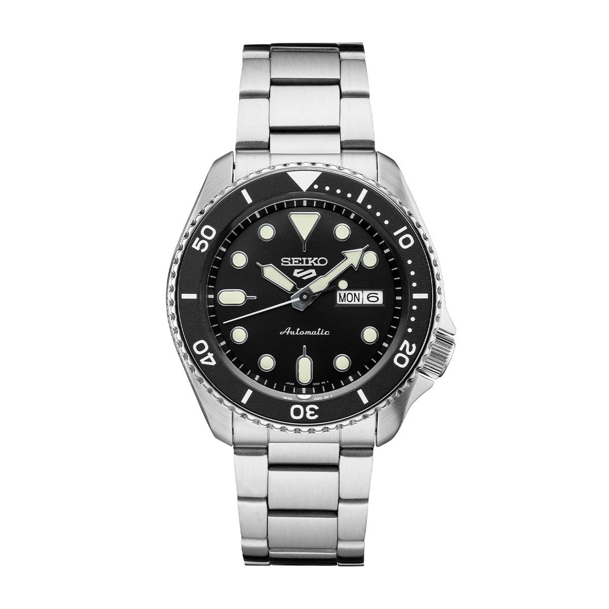 Seiko Men's 5 Sports Automatic Stainless Steel Watch with Black Dial & Bezel
