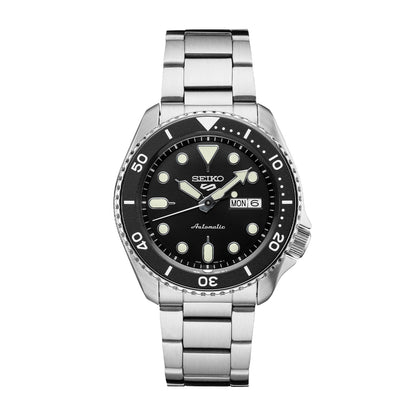 Seiko Men's 5 Sports Automatic Stainless Steel Watch with Black Dial & Bezel