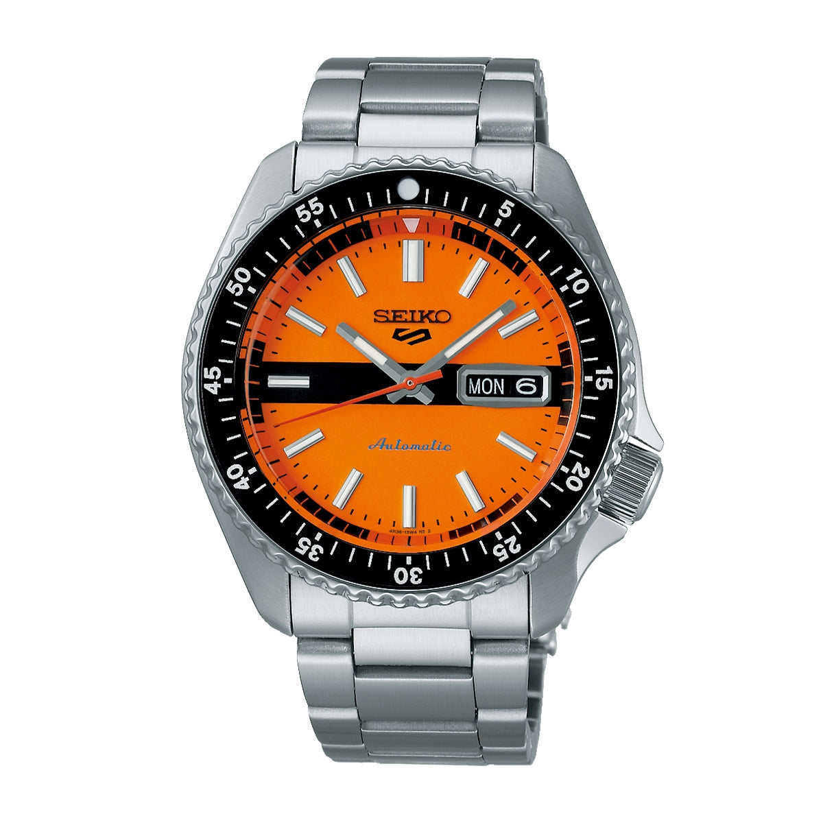 Seiko Men's 5 Sports Automatic Stainless Steel Watch with Orange Dial & Black Bezel