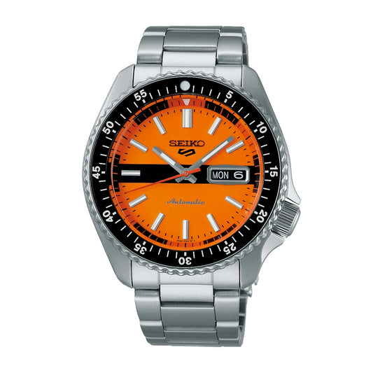 Seiko Men's 5 Sports Automatic Stainless Steel Watch with Orange Dial & Black Bezel