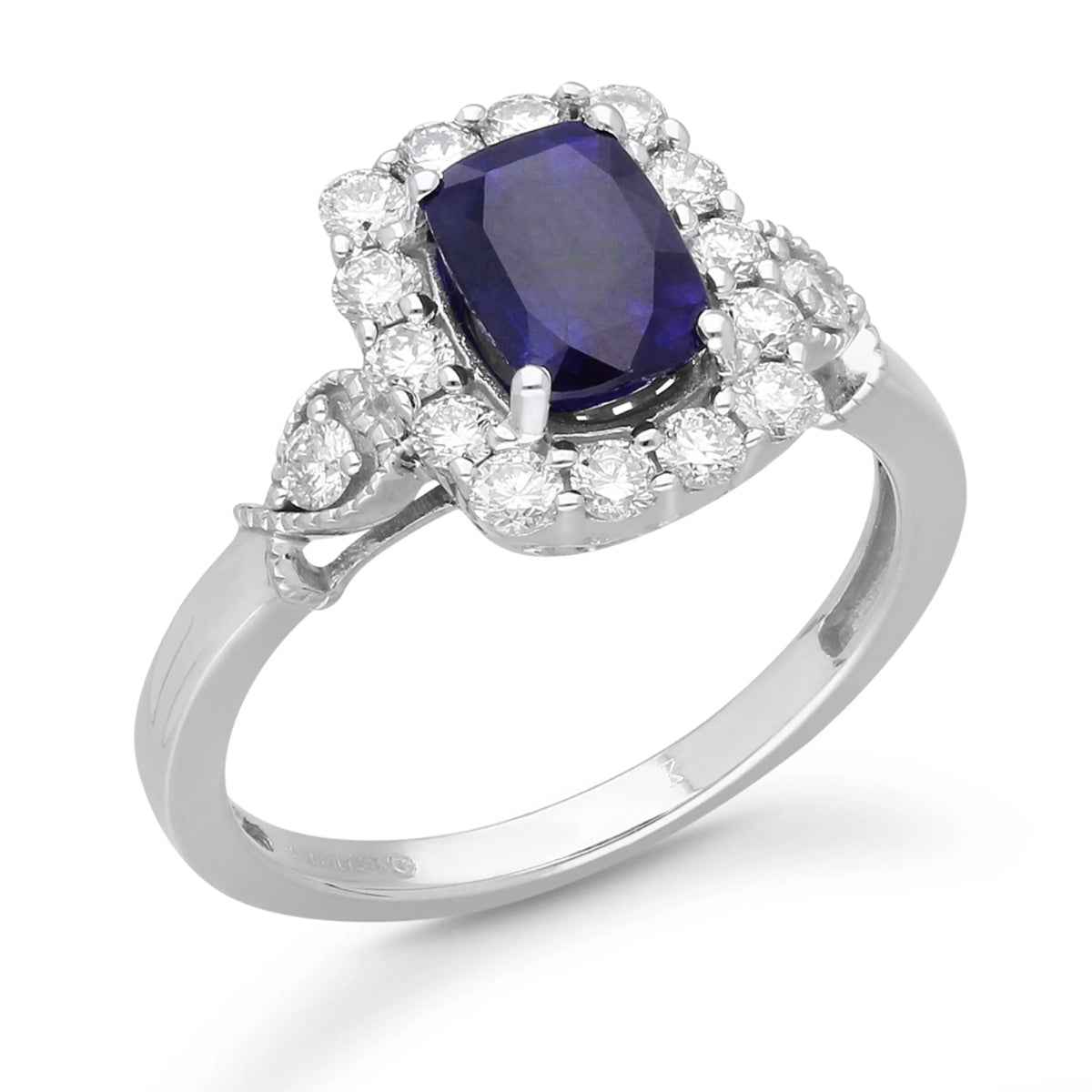 Kallati Cushion Tanzanite & 3/8 ct. tw. Diamond Halo Ring with Milgrain Detailing in 14K White Gold