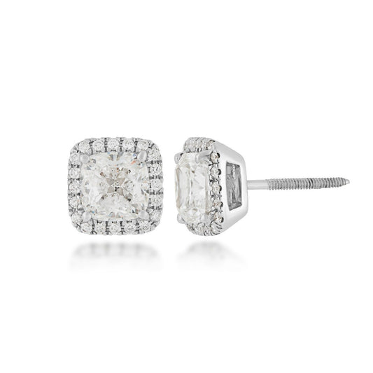 Natural 3-1/3 ct. tw. Cushion Diamond Halo Earrings in 14K White Gold
