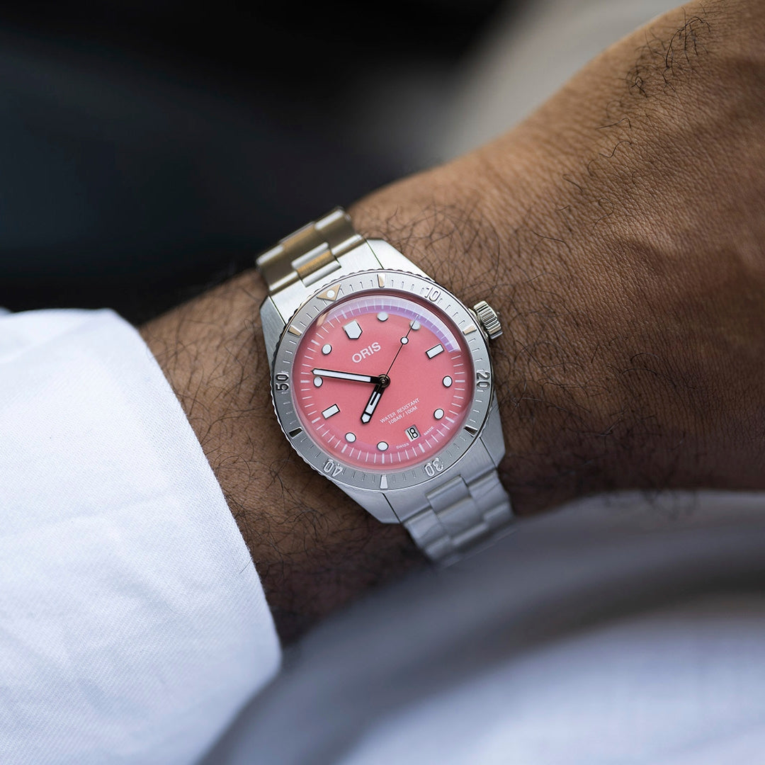 Oris Divers Sixty-Five Automatic Stainless Steel Watch with Pink Dial close-up detail