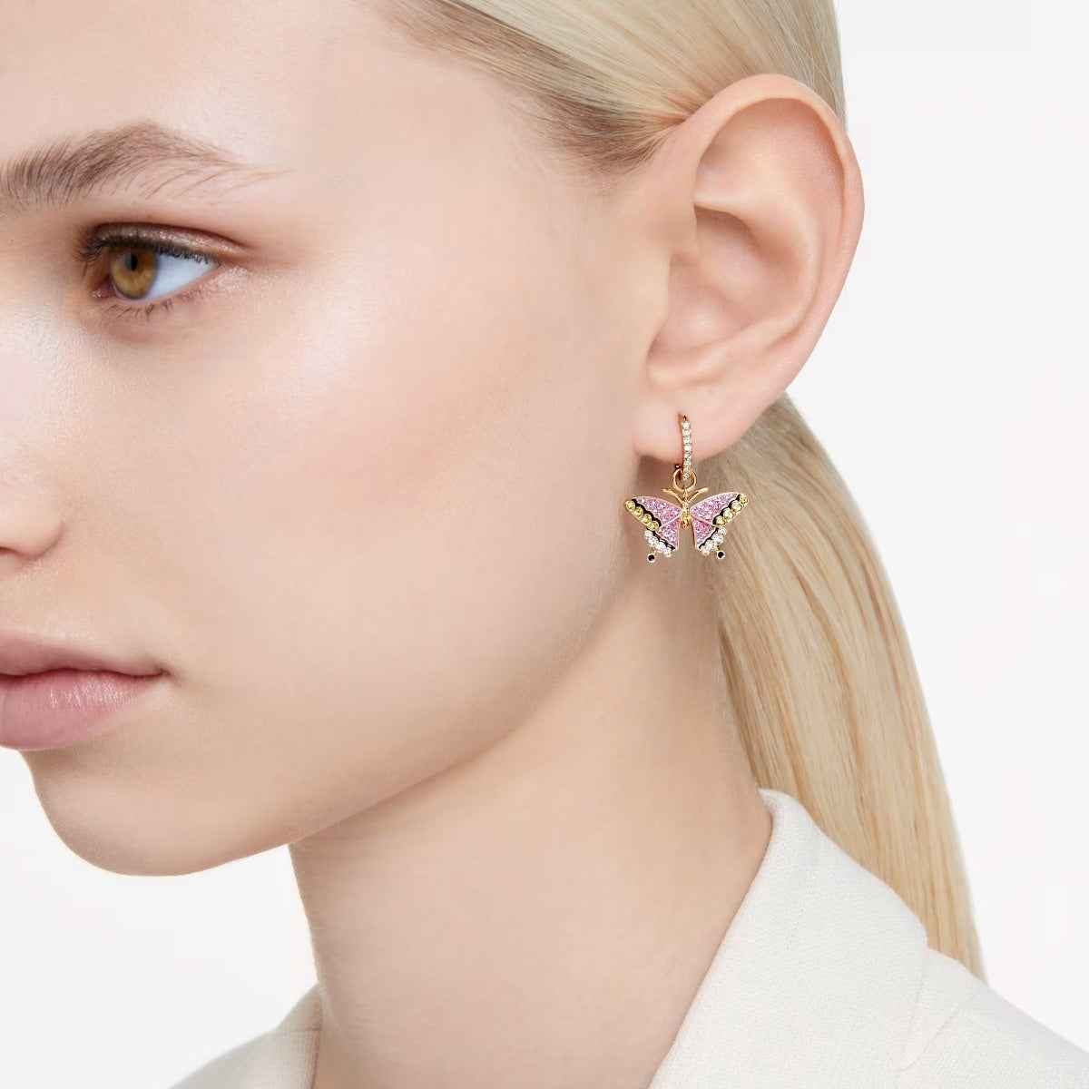 Swarovski Idyllia Pink & Yellow Butterfly Dangle Earrings in Yellow Gold-Tone Plating front view