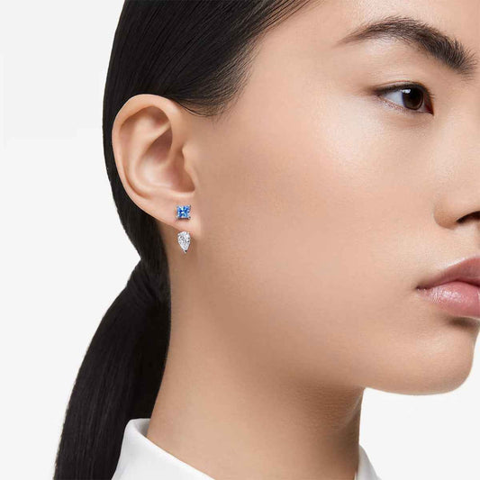 Swarovski Mesmera Princess & Pear Blue & White Crystal Earring Jackets in White Rhodium Plating front view
