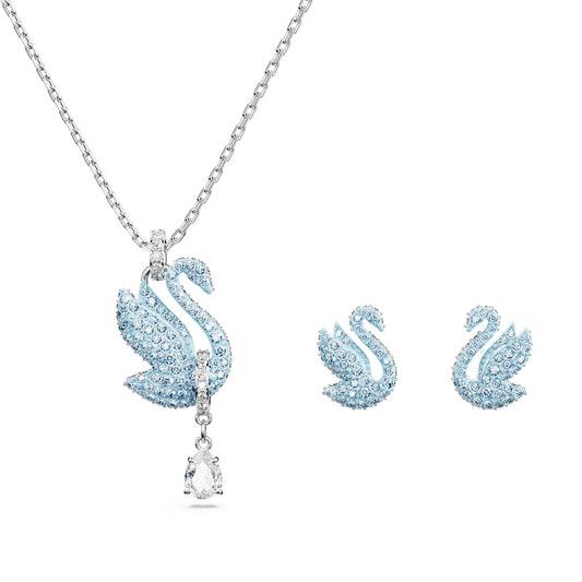 Swarovski Crystal Swan Box Set in Blue & White Rhodium Plating