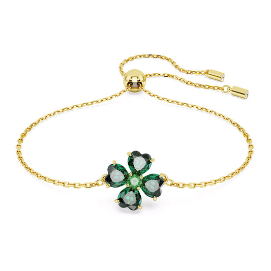 Swarovski Green Heart Leafed Clover Idyllia Crystal Bolo Bracelet in Gold Tone Plating