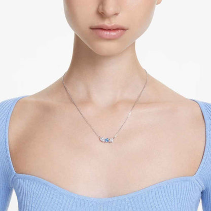 Swarovski Mesmera Multi-Shape Blue & White Crystal Necklace in White Rhodium Plating close-up detail