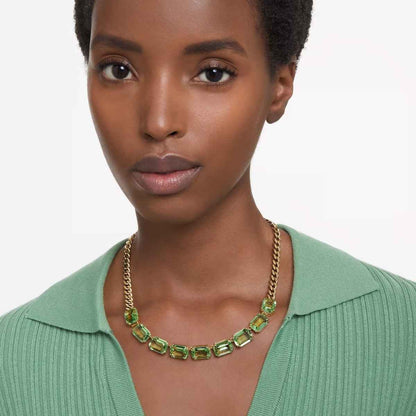 Swarovski Millenia Emerald Cut Green Crystal Necklace in Yellow Gold-Tone Plating front view