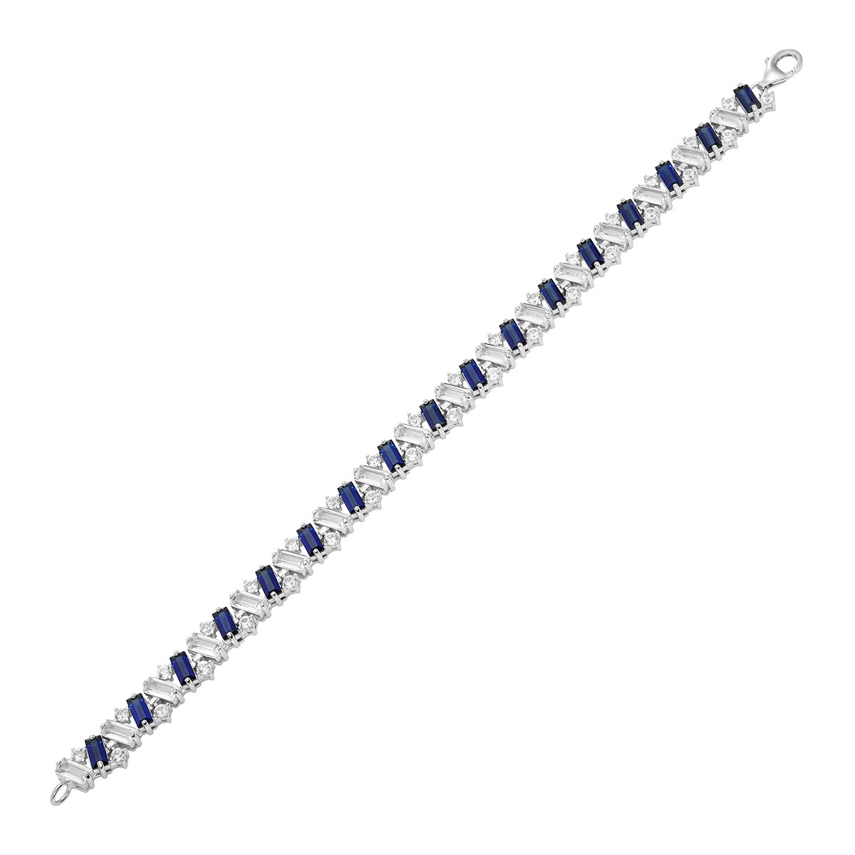 Created Blue & White Baguette & Round Sapphire 7.5-inch Bracelet in Sterling Silver front view