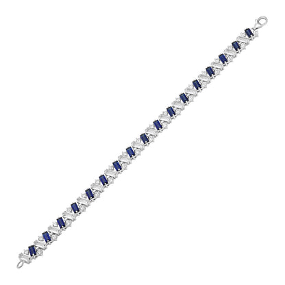 Created Blue & White Baguette & Round Sapphire 7.5-inch Bracelet in Sterling Silver front view