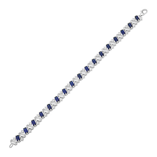 Created Blue & White Baguette & Round Sapphire 7.5-inch Bracelet in Sterling Silver front view