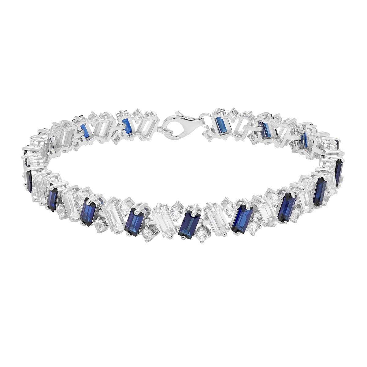 Created Blue & White Baguette & Round Sapphire 7.5-inch Bracelet in Sterling Silver