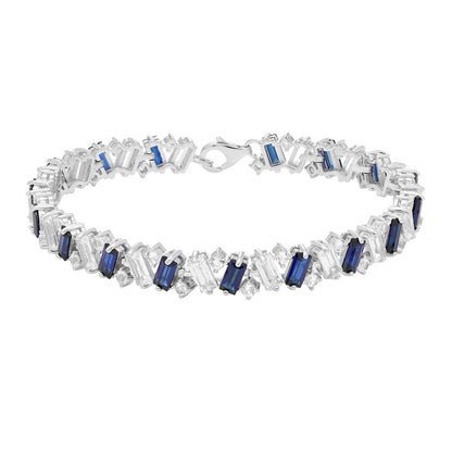 Created Blue & White Baguette & Round Sapphire 7.5-inch Bracelet in Sterling Silver