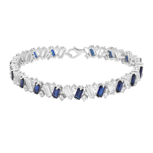 Created Blue & White Baguette & Round Sapphire 7.5-inch Bracelet in Sterling Silver