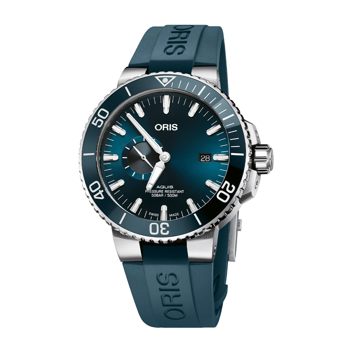 Oris Men's Aquis Date Automatic Stainless Steel Watch with Blue Dial & Rubber Strap