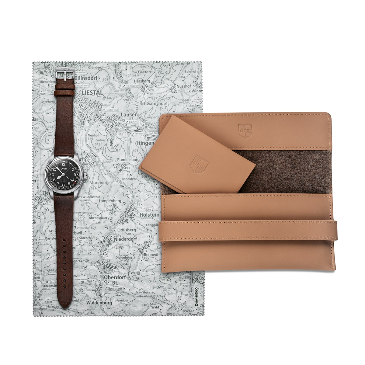 Oris Men's Waldenburgerbahn Limited Edition Stainless Steel Watch & Travel Pouch Set with Black Dial & Leather front view
