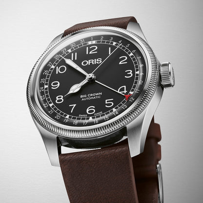 Oris Men's Waldenburgerbahn Limited Edition Stainless Steel Watch & Travel Pouch Set with Black Dial close-up detail