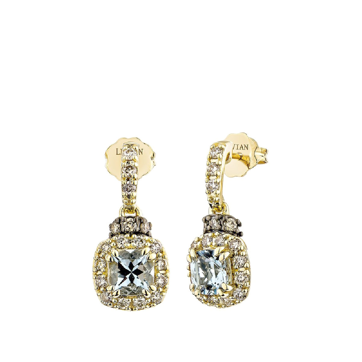 Le Vian Cushion Sea Blue Aquamarine & 3/8 ct. tw. Nude & Chocolate Diamond Halo Dangle Earrings in 14K Honey Gold
