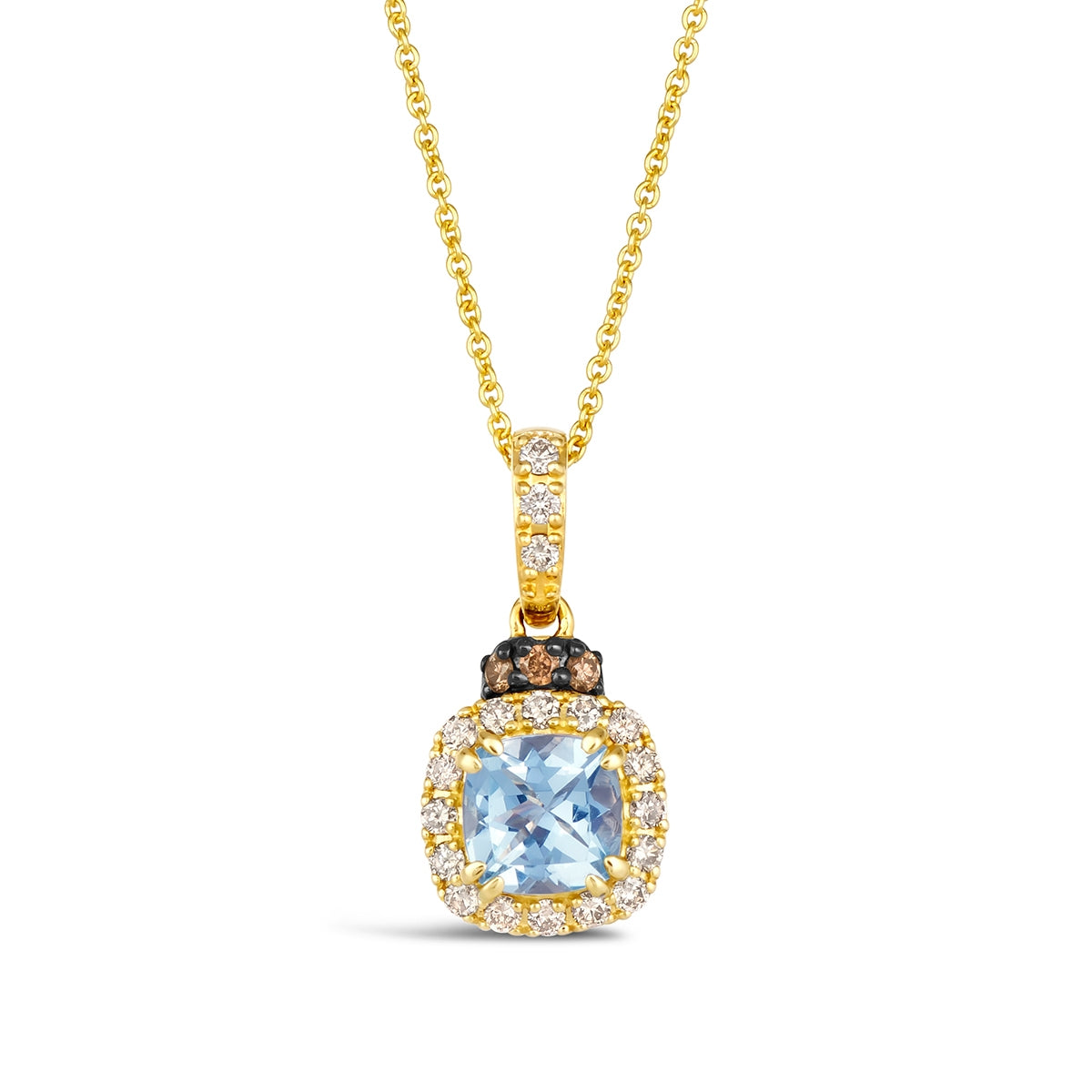 Le Vian Cushion Sea Blue Aquamarine & 1/4 ct. tw. Nude & Chocolate Diamond Halo Dangle Pendant in 14K Honey Gold
