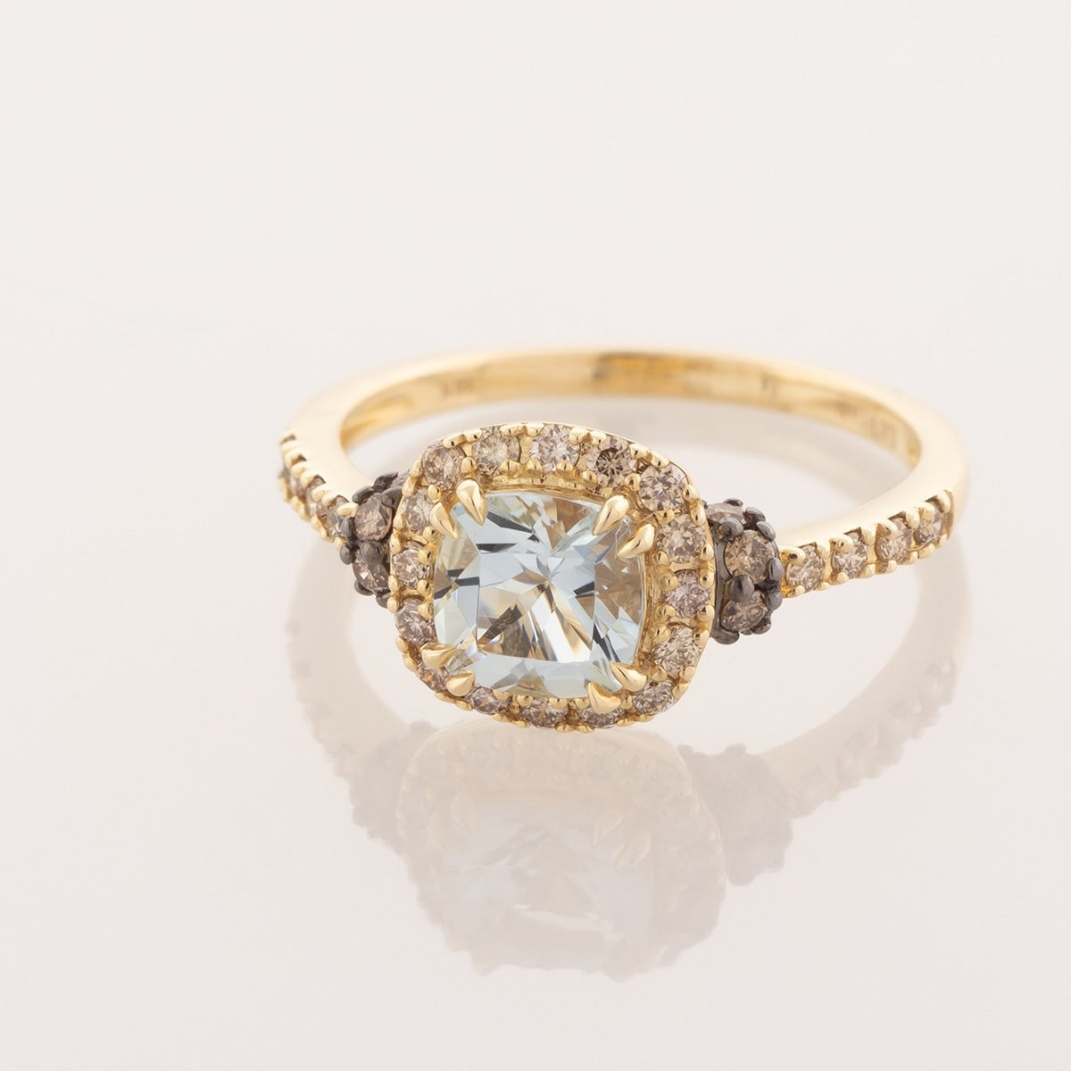 Le Vian Cushion Sea Blue Aquamarine & 3/8 ct. tw. Nude & Chocolate Diamond Halo Engagement Ring in 14K Honey Gold front view