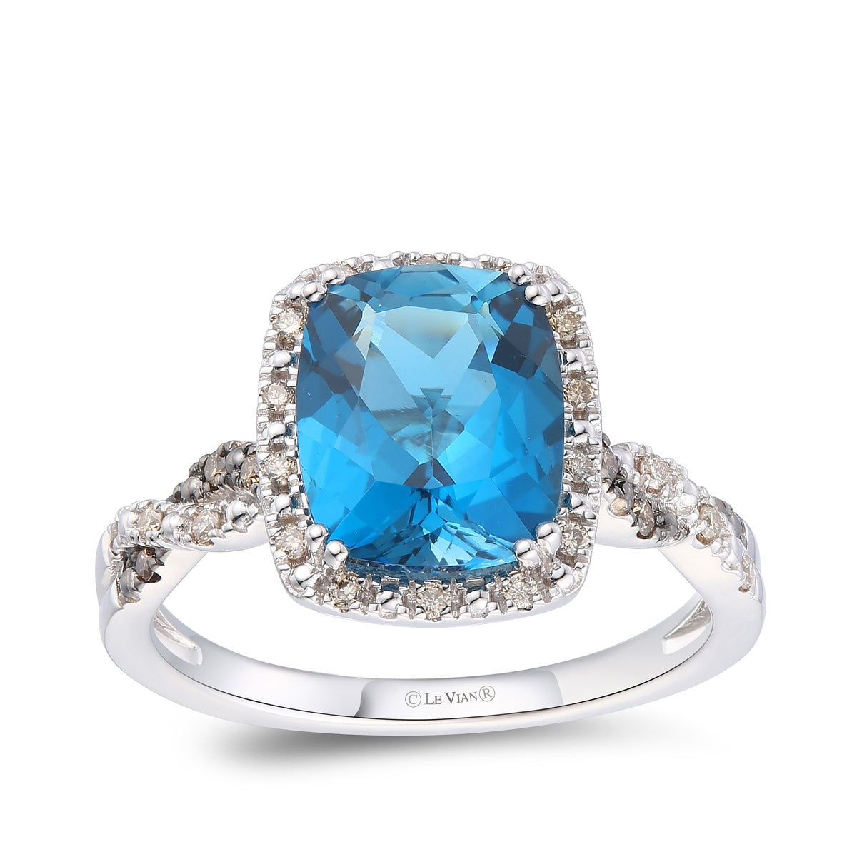 Le Vian Cushion Deep Sea Blue Topaz & 1/7 ct. tw. Nude & Chocolate Diamond Halo Twist Ring in 14K Vanilla Gold